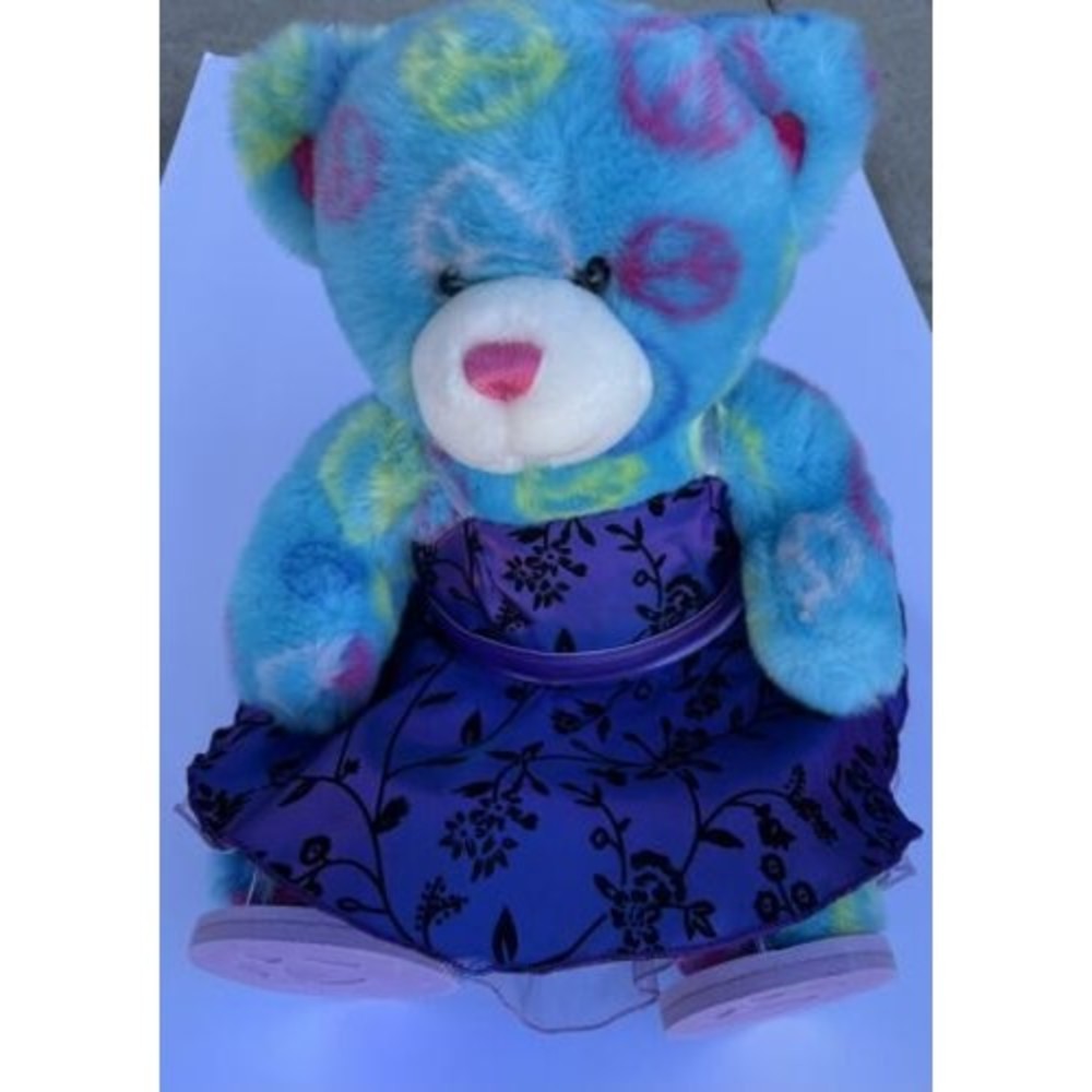 Build A Bear Teddy Blue Peace Sign Plush Animal  Party Dress And Sandals Retired